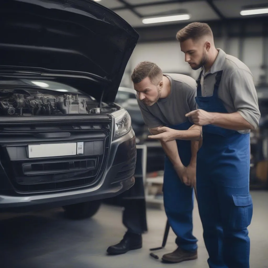 Mechaniker erklärt Kunden die Reparatur am Fahrzeug