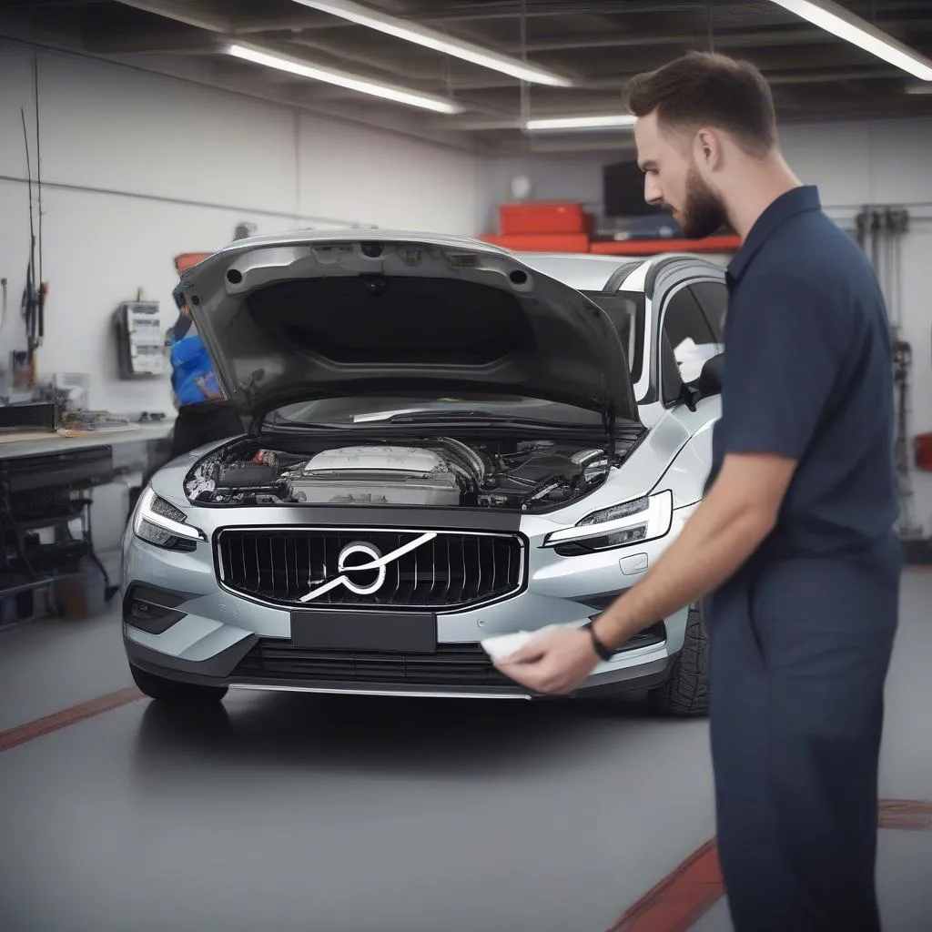 Mécanicien expliquant le moteur d'une Volvo V60 à l'aide du manuel d'utilisation