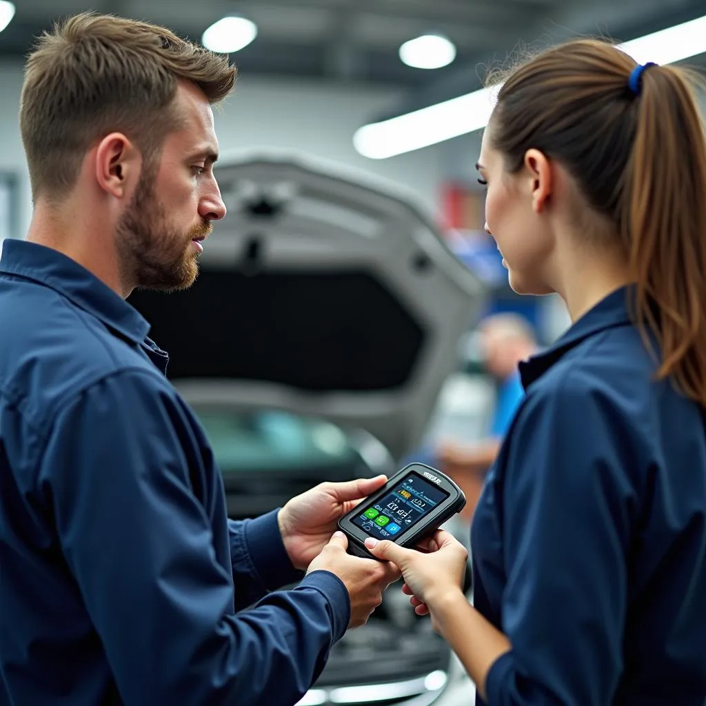 Mechaniker erklärt Problem am Fahrzeug mithilfe von Diagnosegeraet