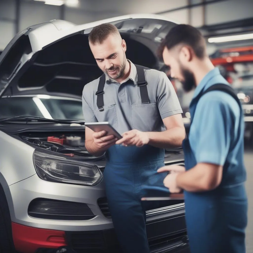 Automechaniker erklärt Problem am Auto