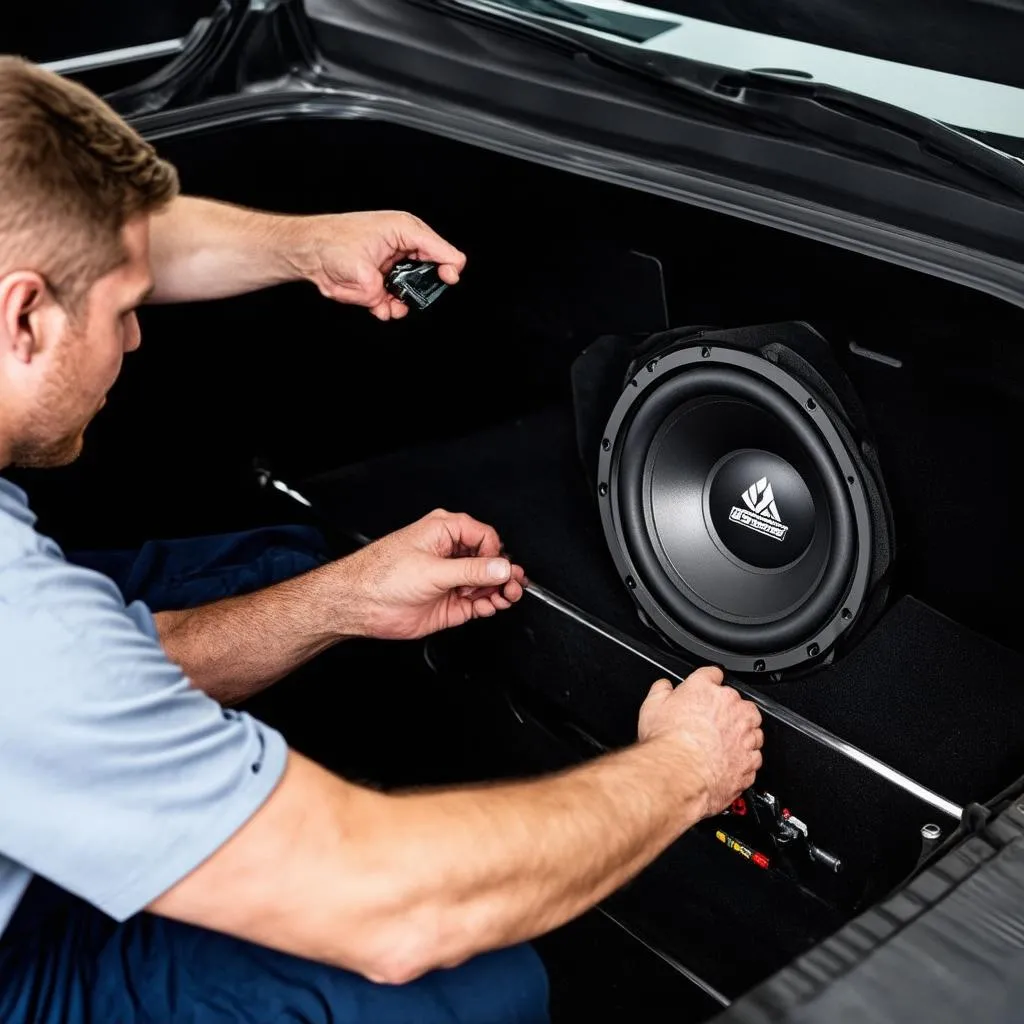 Mecânico instalando subwoofer