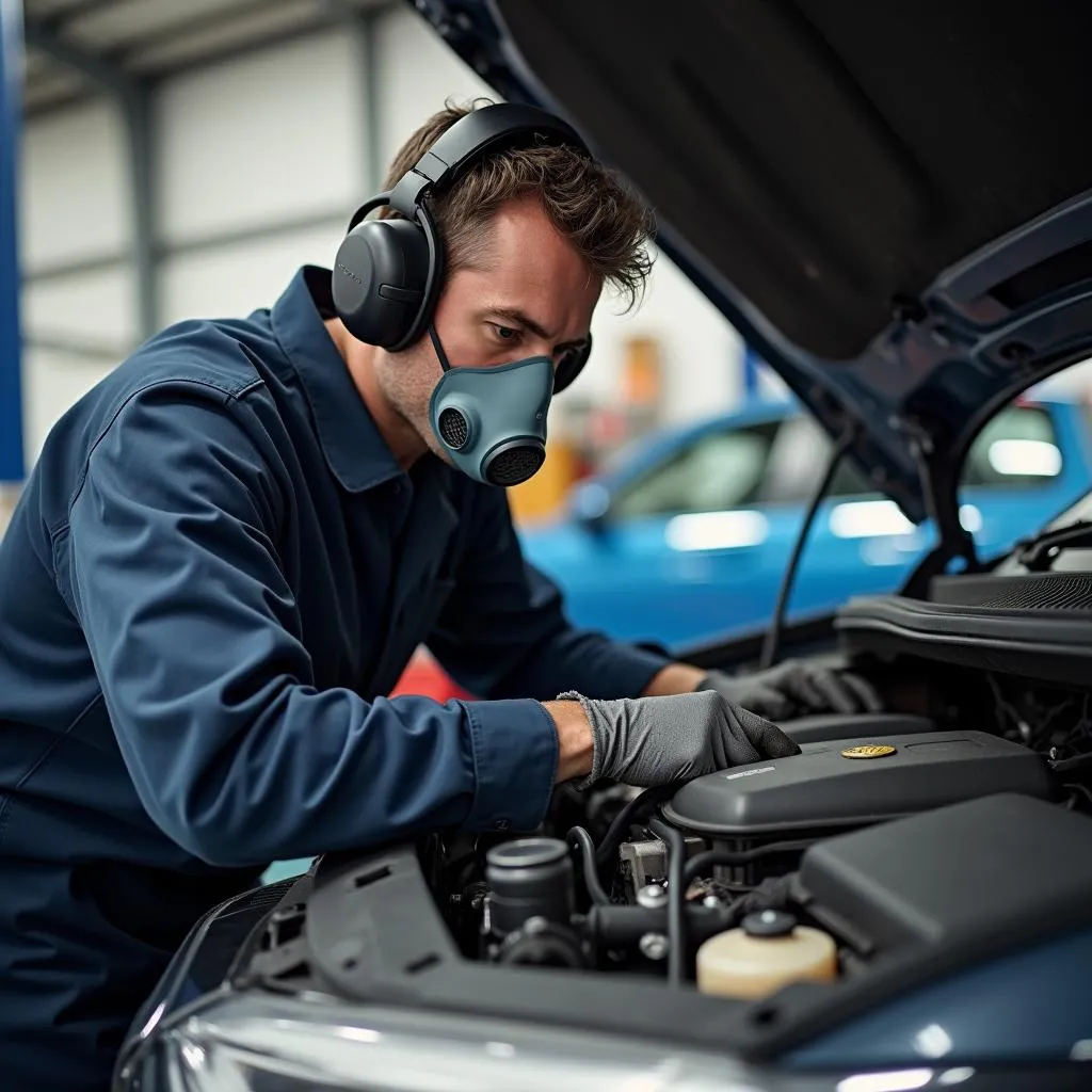 Automechaniker trägt Gehörschutz und Staubmaske bei der Arbeit