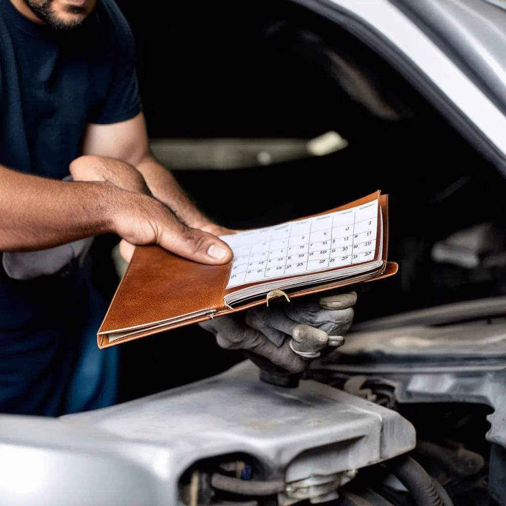 Mechaniker hält einen Lederkalender