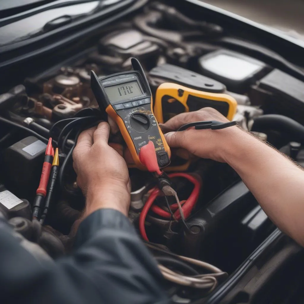 Mechanic using a clamp meter to diagnose a car