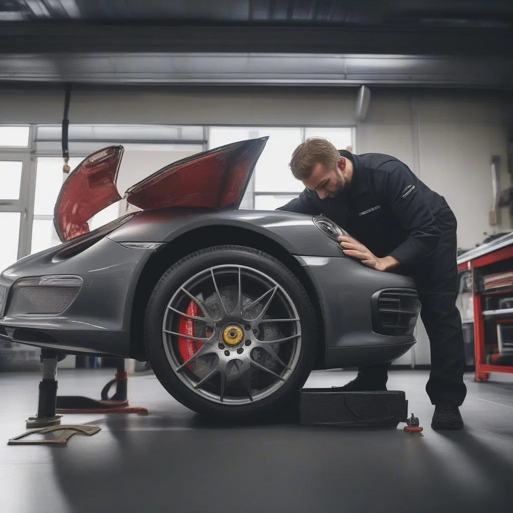 Mechaniker montiert Porsche Felge