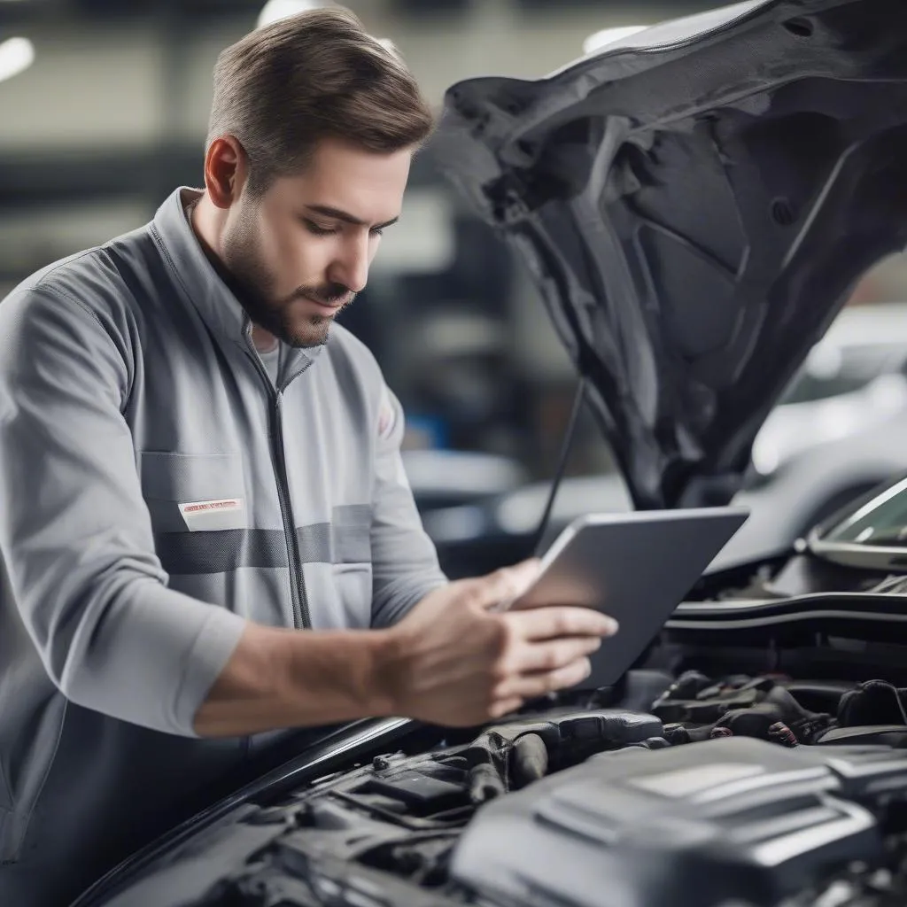 Mechaniker nutzt Tablet in der Werkstatt