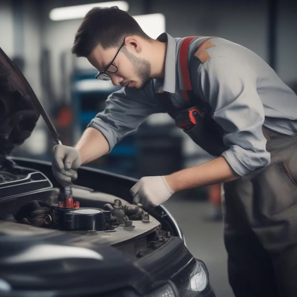 Mecânico verificando a pressão do óleo de um carro