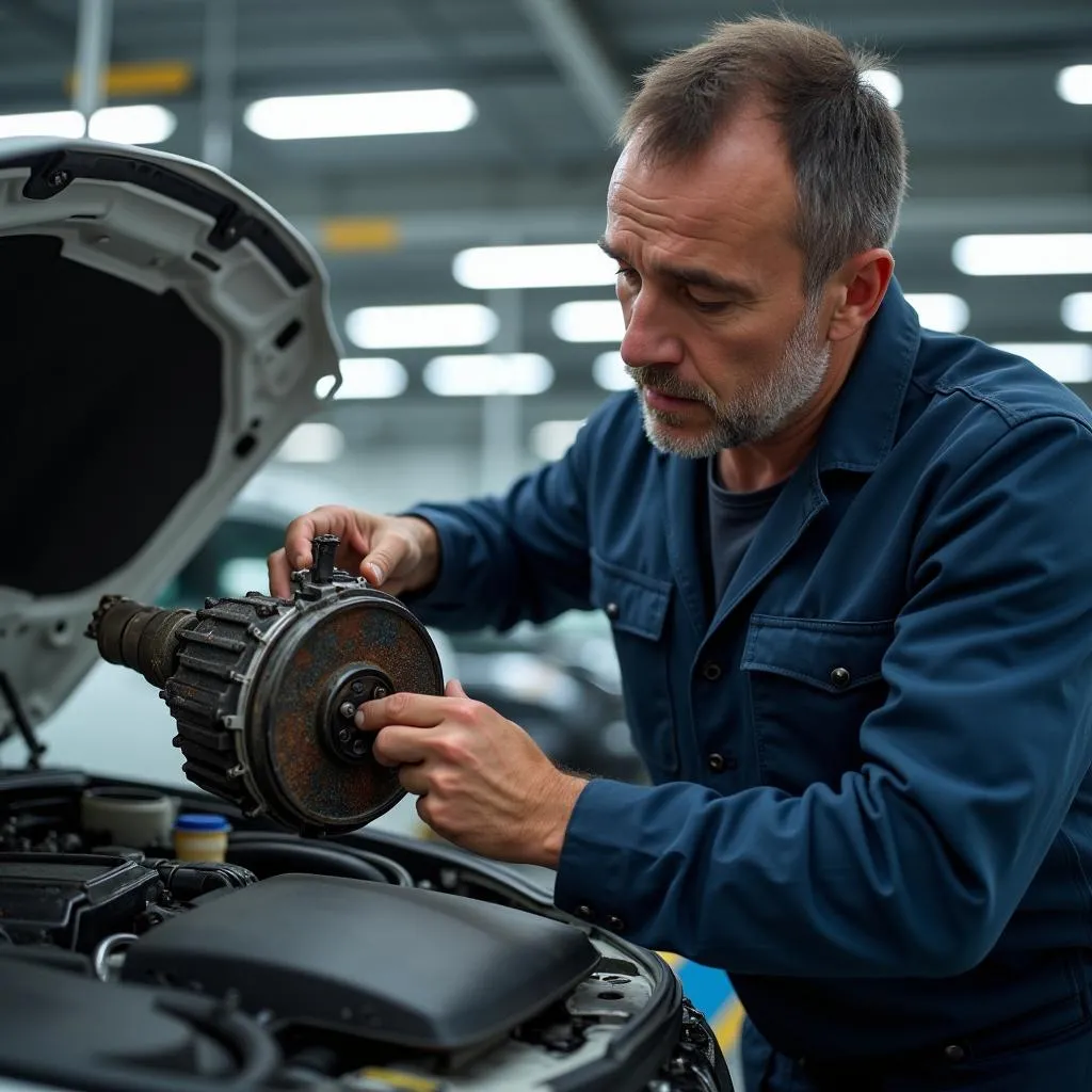 Mechaniker prüft gebrauchtes Getriebe