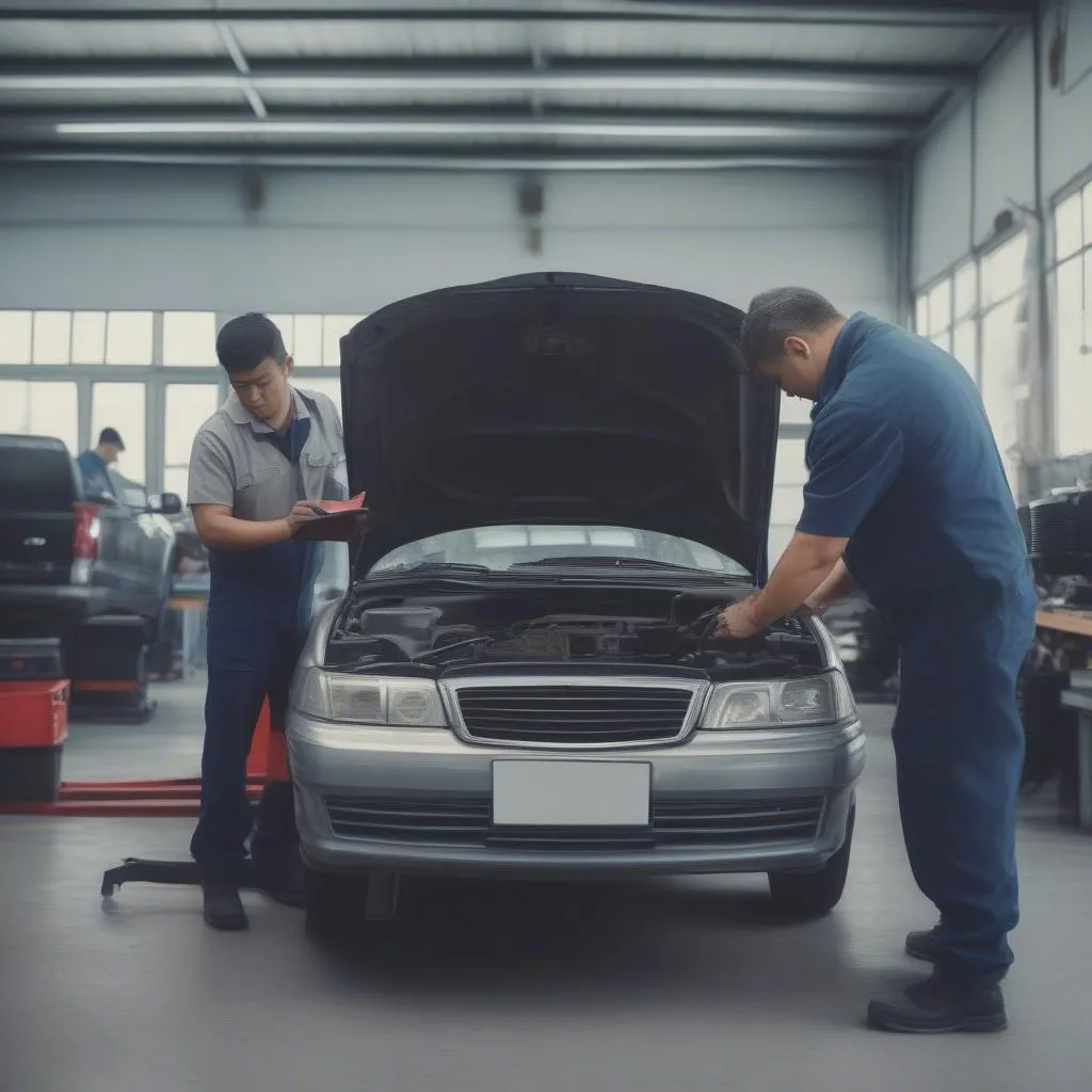 Ein Mechaniker verwendet ein Diagnosegerät zur Motorprüfung