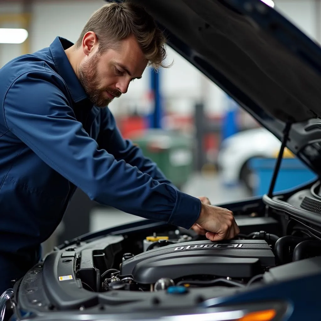 Automechaniker bei der Inspektion des Motorraums