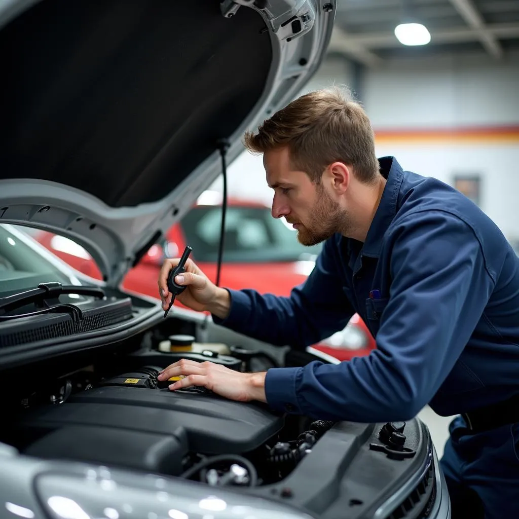 Mechaniker prüft den Motorraum