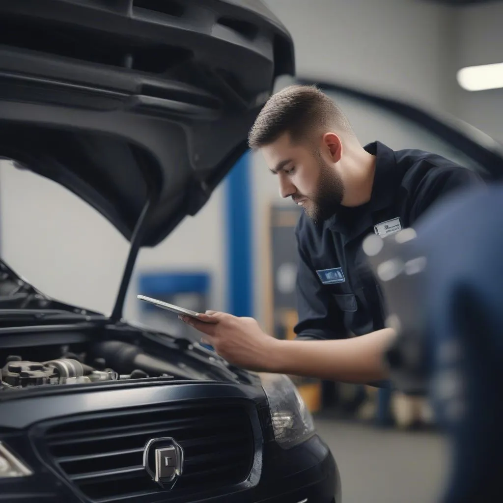 Mecânico escaneando QR Code em um carro