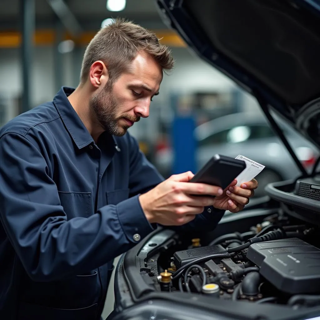 Automechaniker untersucht den Drucksensor im Abgasstrang