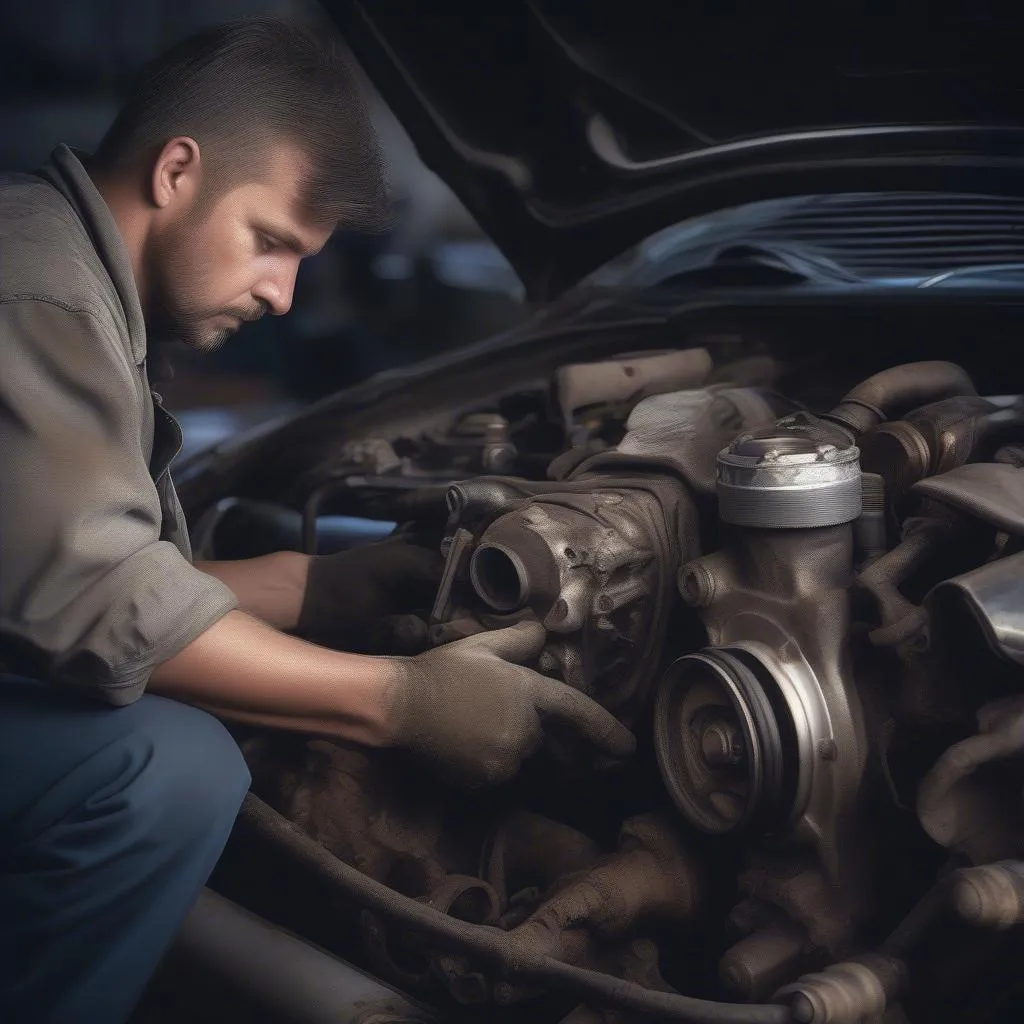 Mécanicien inspectant un moteur dans une casse auto