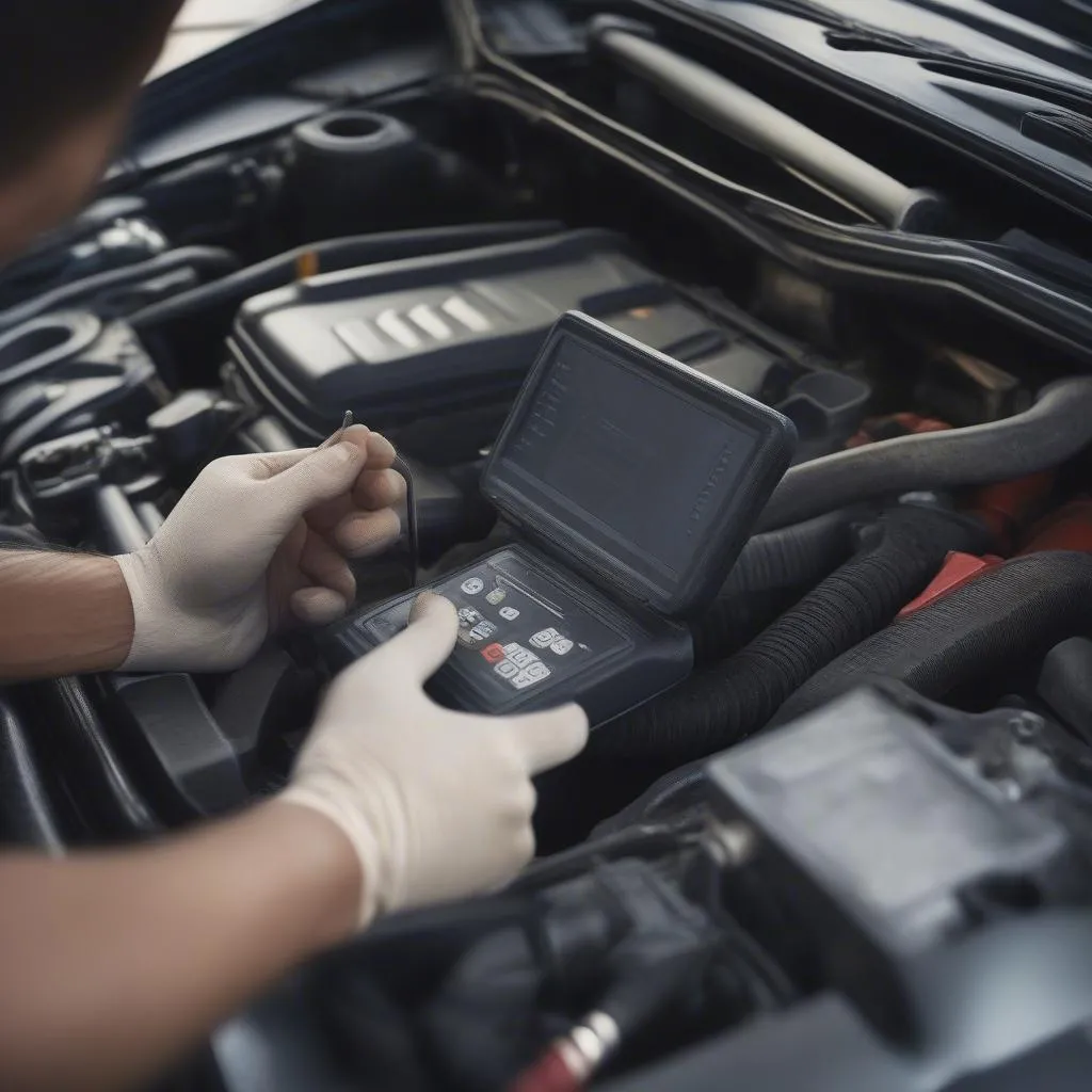 Mecânico utilizando equipamento de diagnóstico Gjemax em um motor