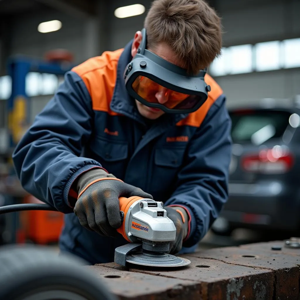 Mechaniker verwendet eine Husqvarna-Schleifmaschine