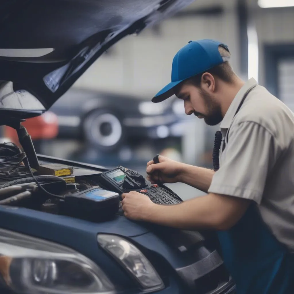 Mecânico usando um dispositivo mbit-OBD em uma oficina