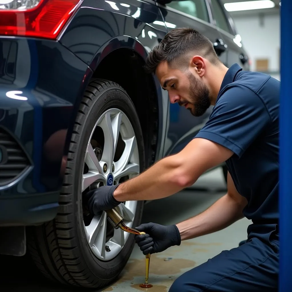 Mechaniker wechselt Öl an einem Ford Focus