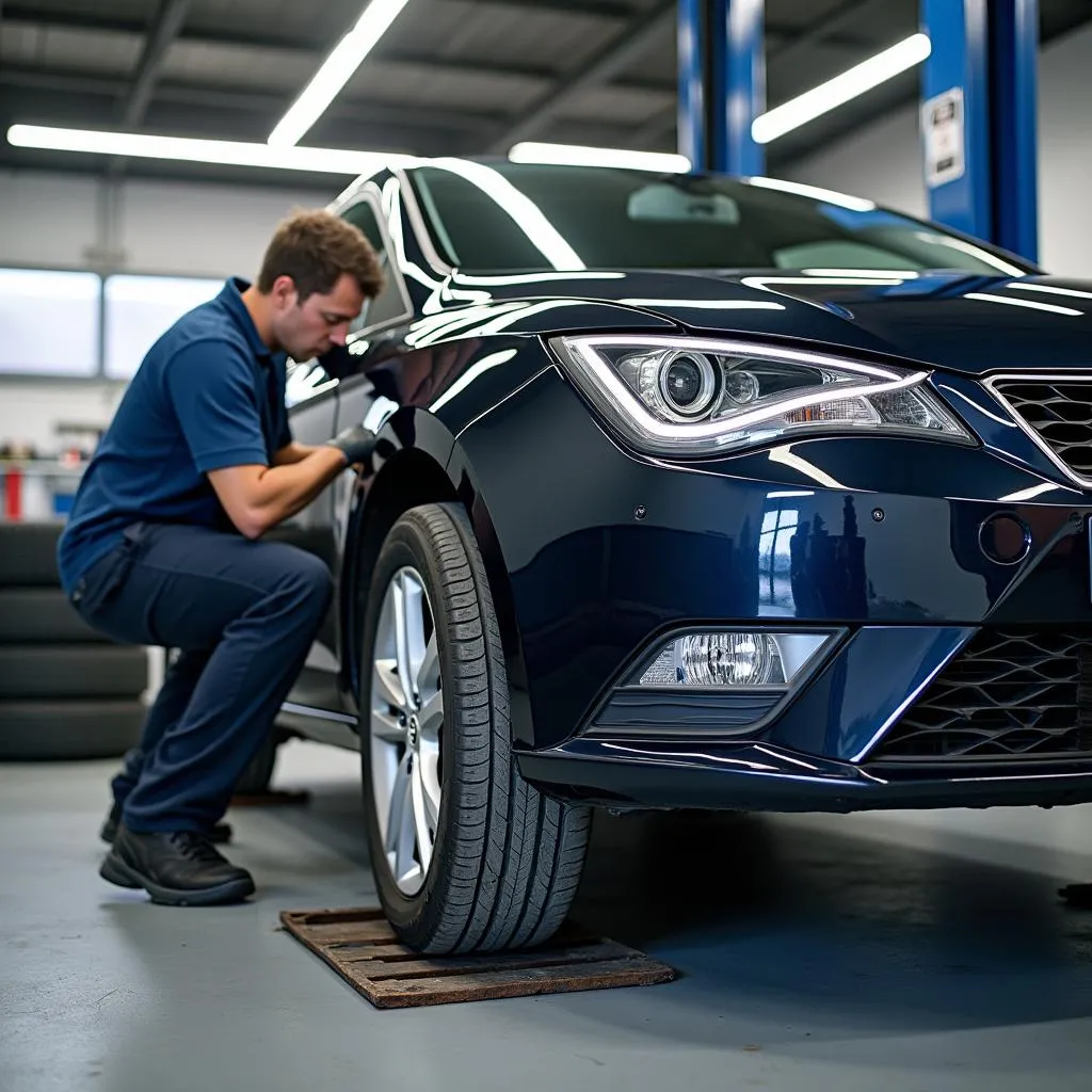 Mechaniker wechselt Reifen an einem Seat Ibiza