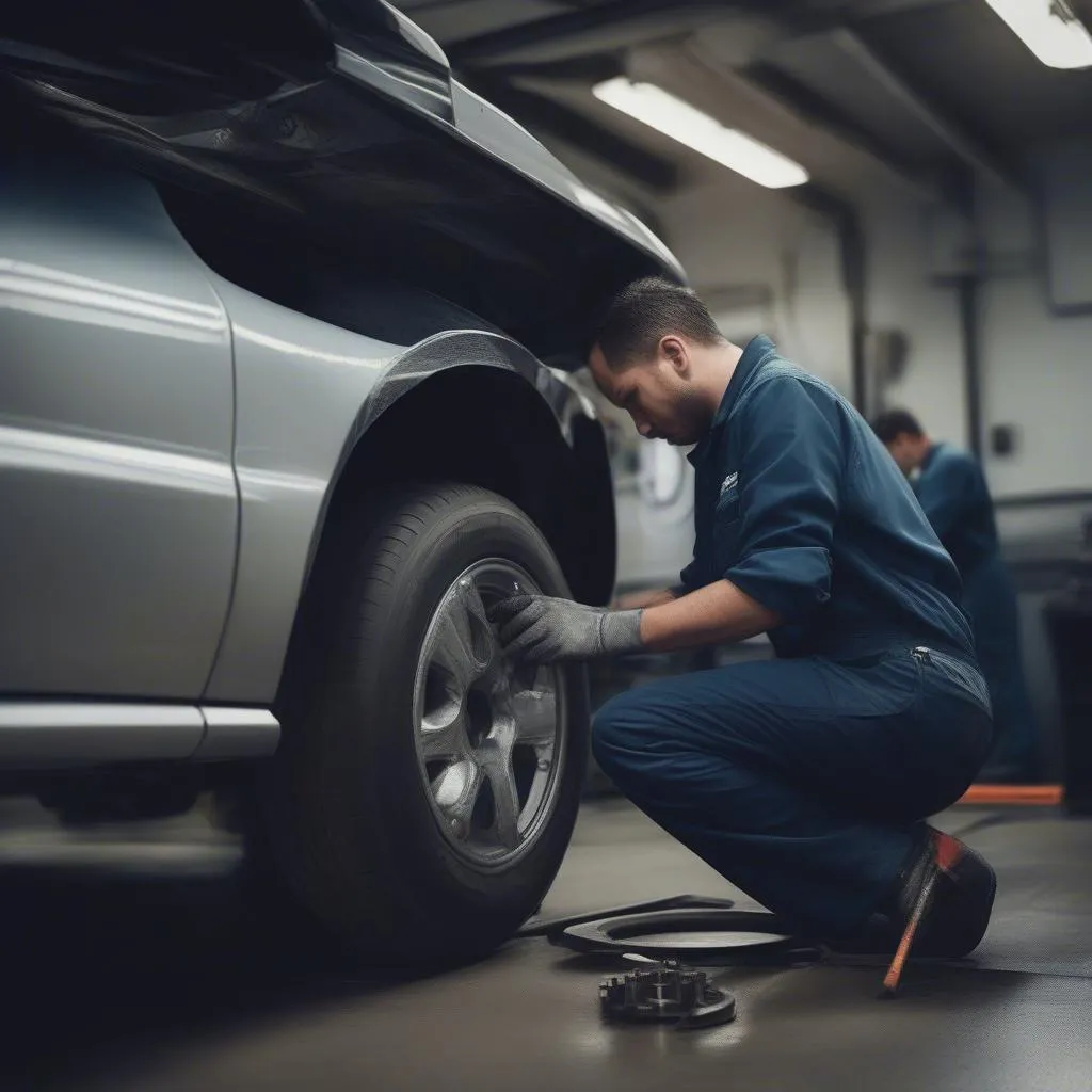 Mechaniker wechselt Reifen in der Werkstatt