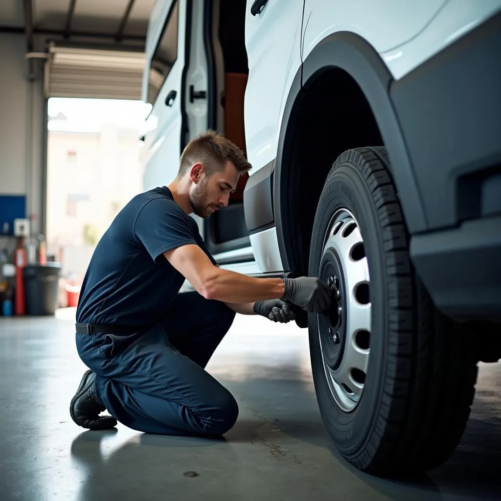 Mechaniker wechselt Reifen an einem Wohnmobil