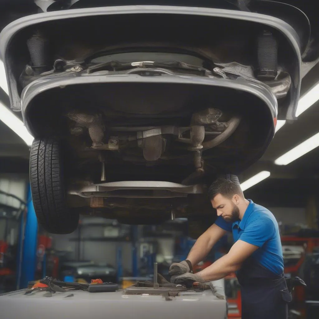 Ein Automechaniker arbeitet in einer Werkstatt an einem Fahrzeug