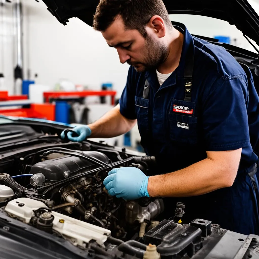 Mechaniker in Werkstatt repariert Auto