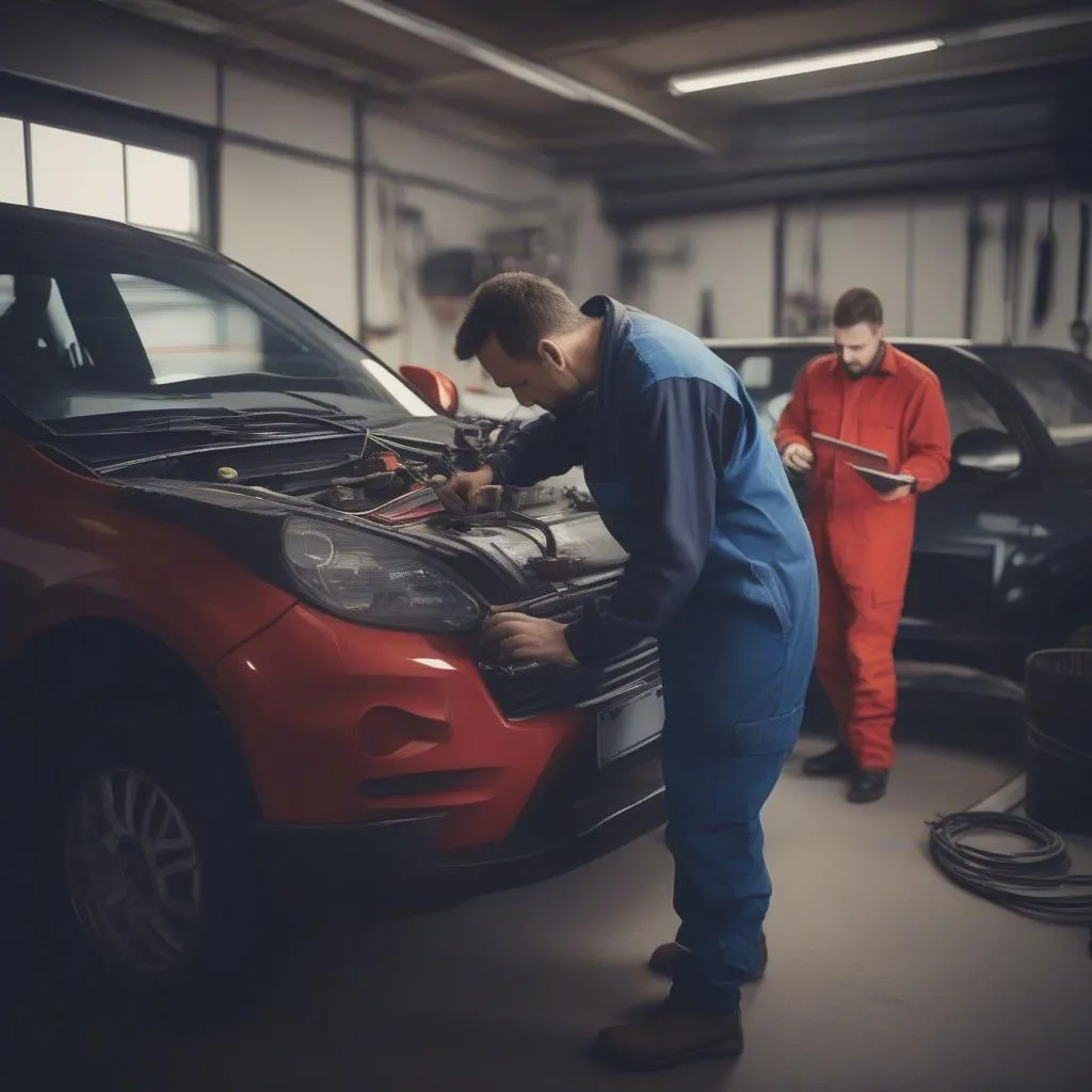 Automechaniker bei der Fahrzeugdiagnose