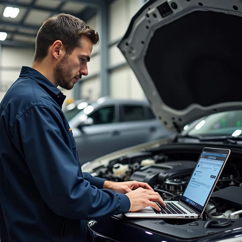 Mechaniker in der Werkstatt mit Laptop und CARFAX