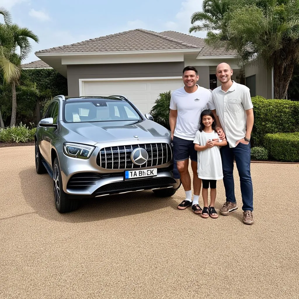 A family standing next to a Mercedes EQB, representing its family-friendly appeal.