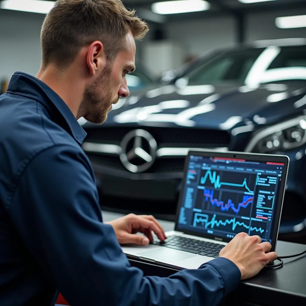 Mercedes Mechaniker Fahrzeugdiagnose Laptop