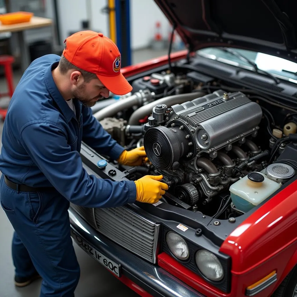 Mechanics installing a Mercedes OM 601 engine into a car, highlighting the engine mounting process.