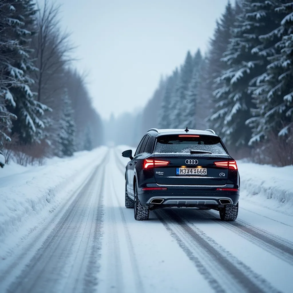 Mietwagen mit Winterreifen auf verschneiter Straße