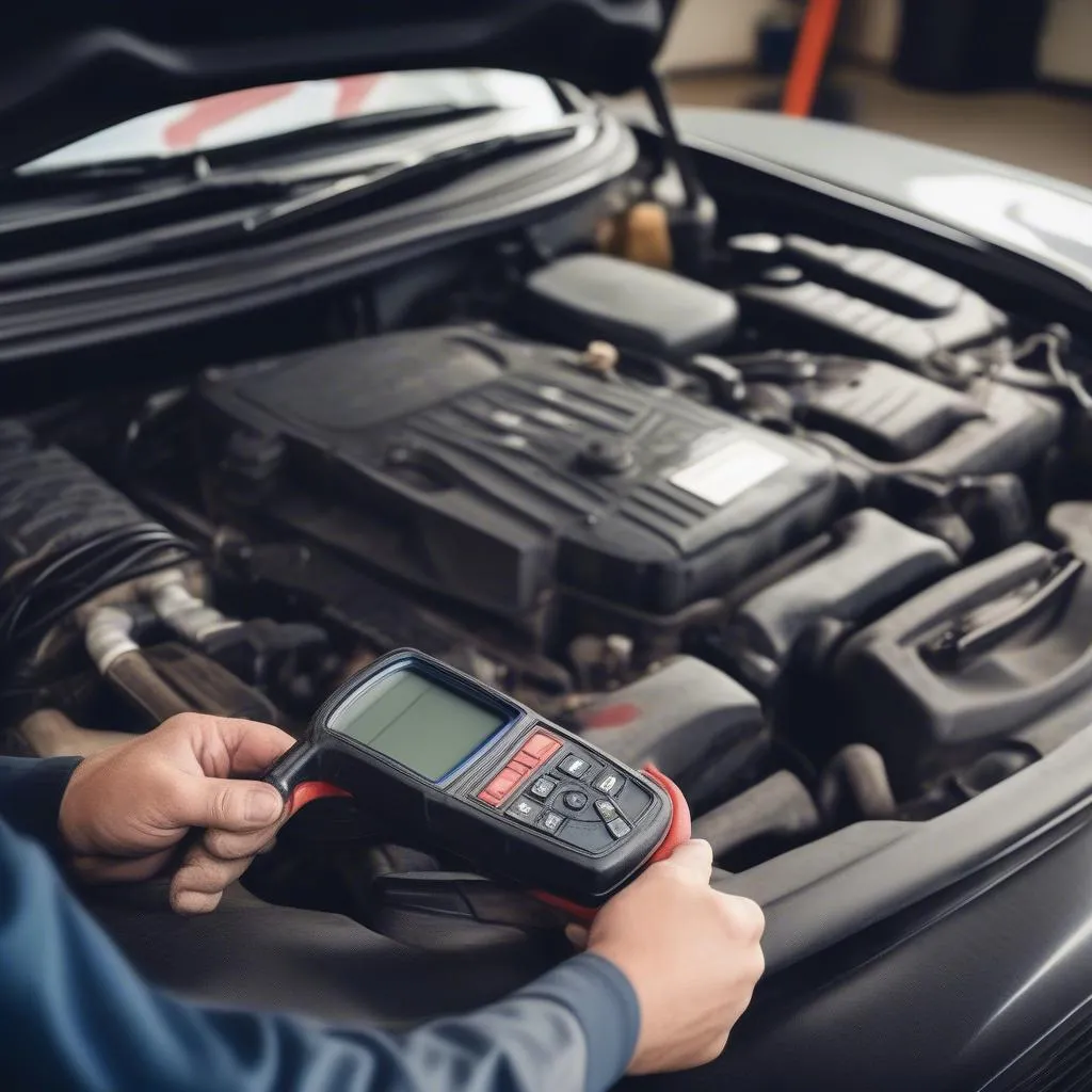 Mécanicien utilisant un appareil de diagnostic sur une voiture