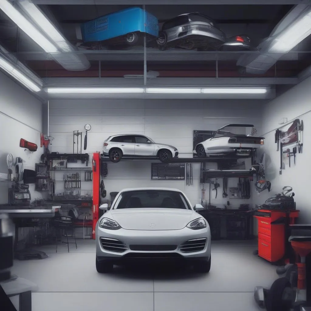 Modern auto repair shop with diagnostic equipment and lifts