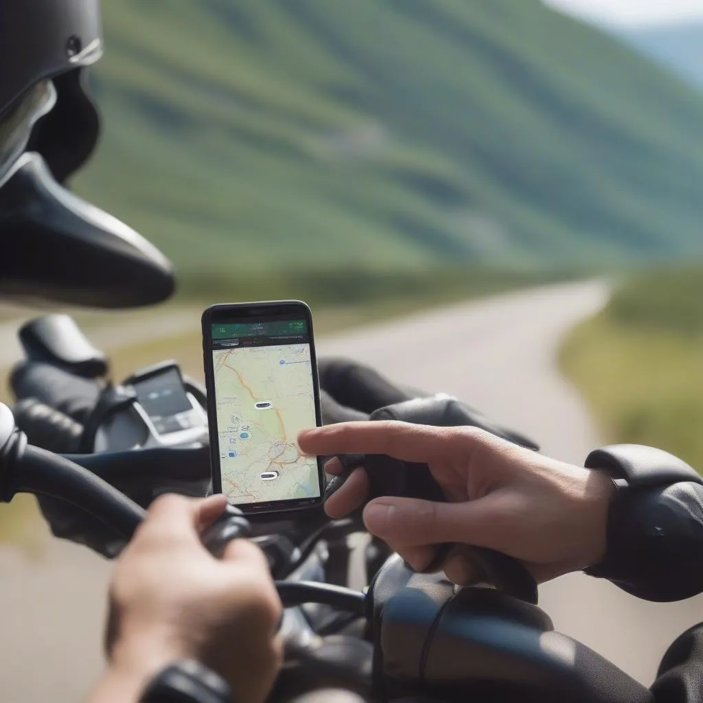 Motociclista che pianifica il percorso con un'app