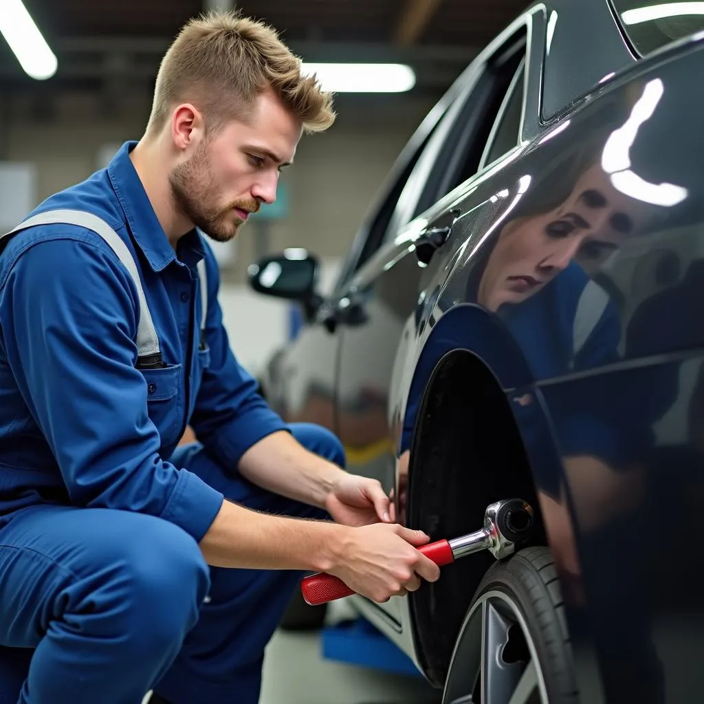 Ein Mechaniker führt einen Ölwechsel an einem Auto in einer Werkstatt durch