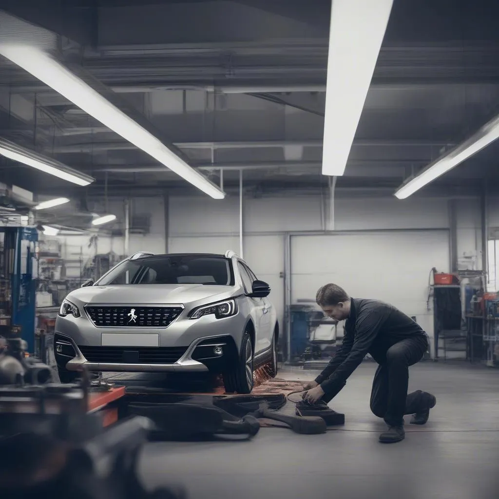 Peugeot Werkstatt mit Mechaniker