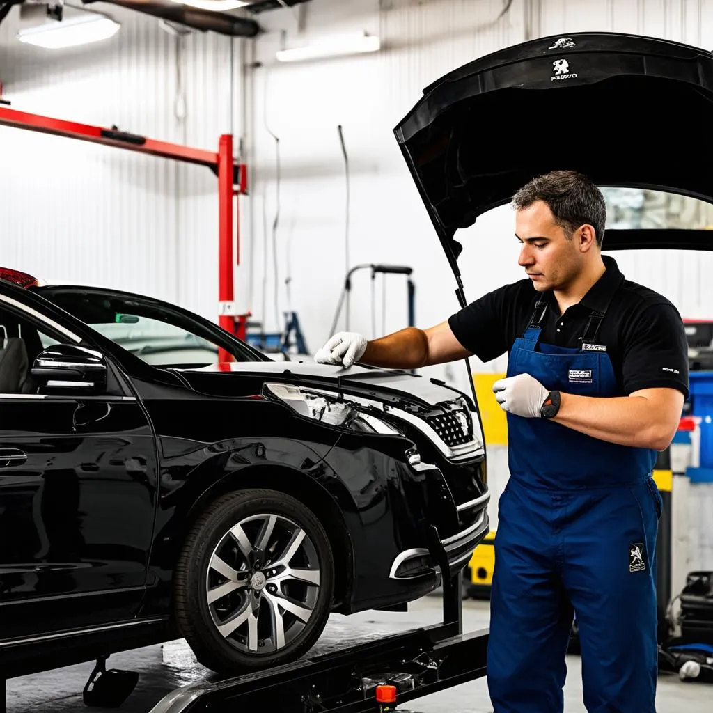 Mechaniker arbeitet an einem Peugeot in der Werkstatt