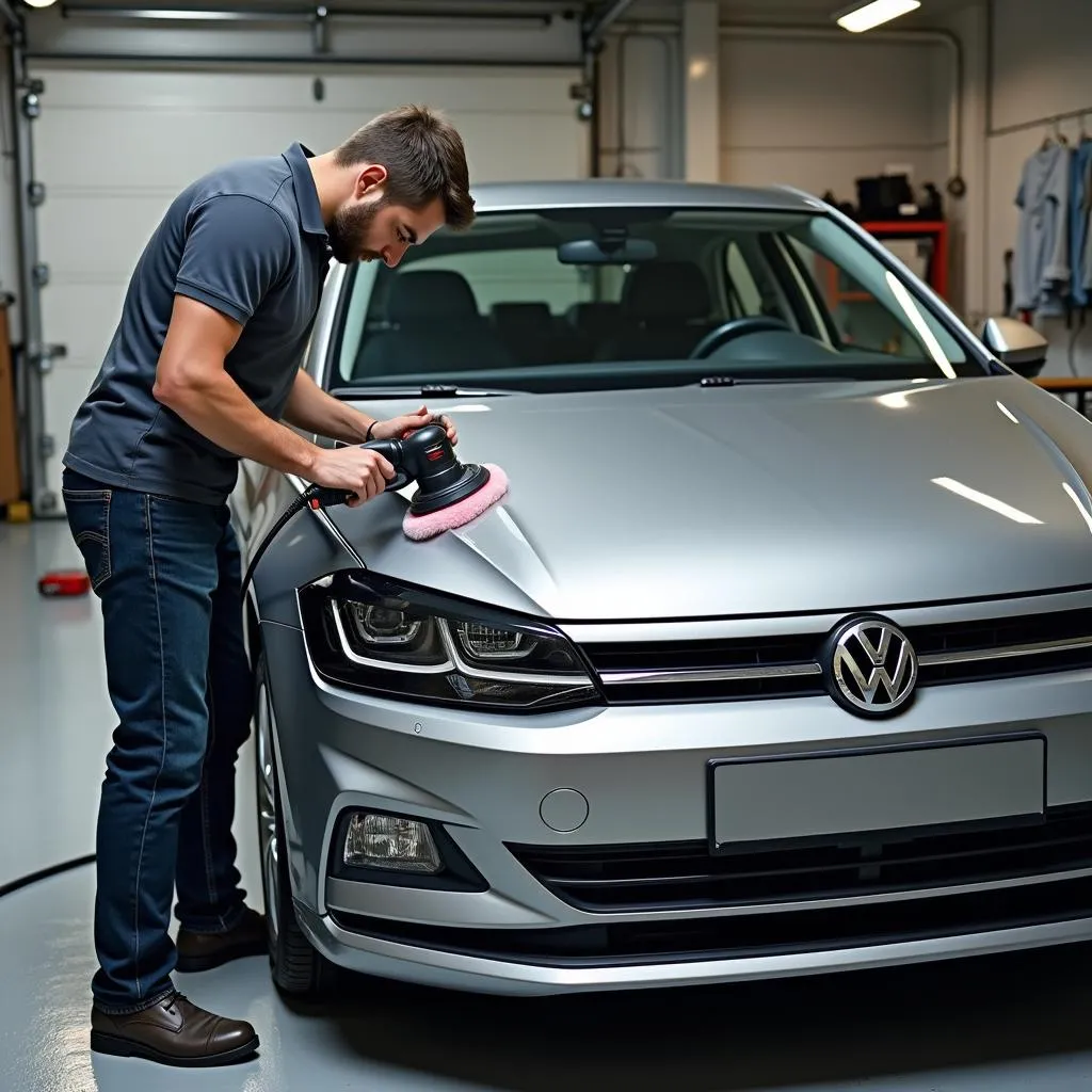 En VW Polo i røgmetal bliver poleret i en garage.