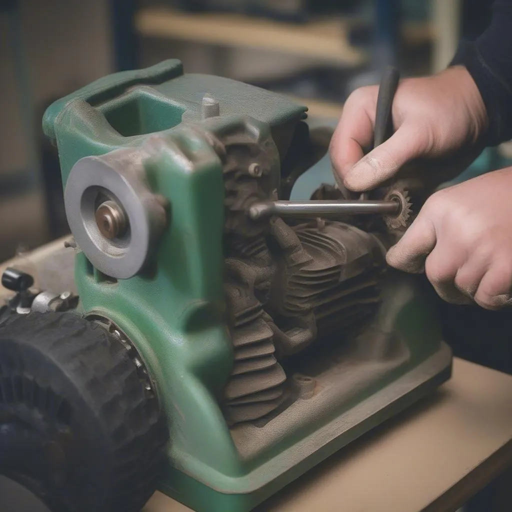 Hands repairing a lawn mower transmission, step-by-step guide context