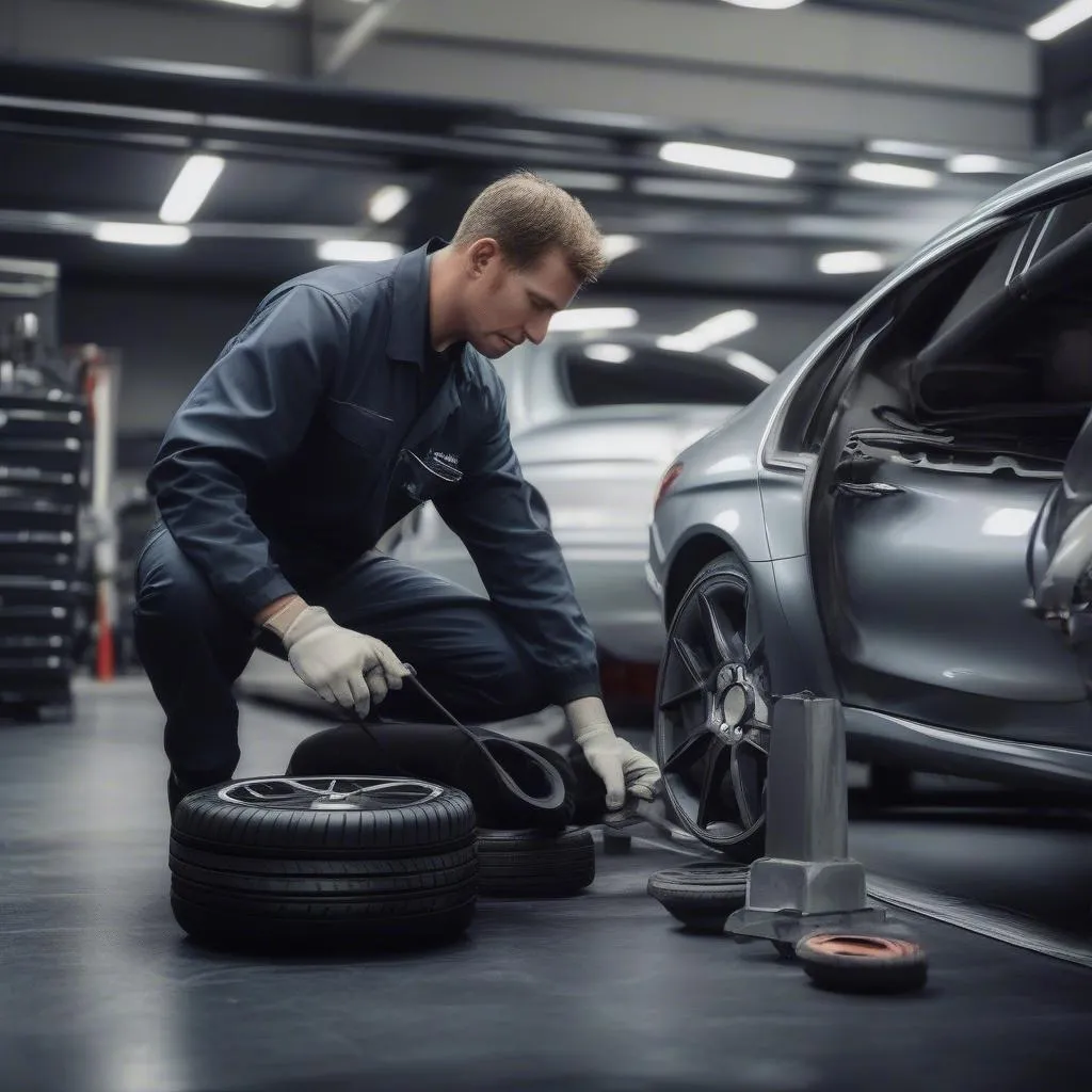 Bandenwissel bij een Mercedes