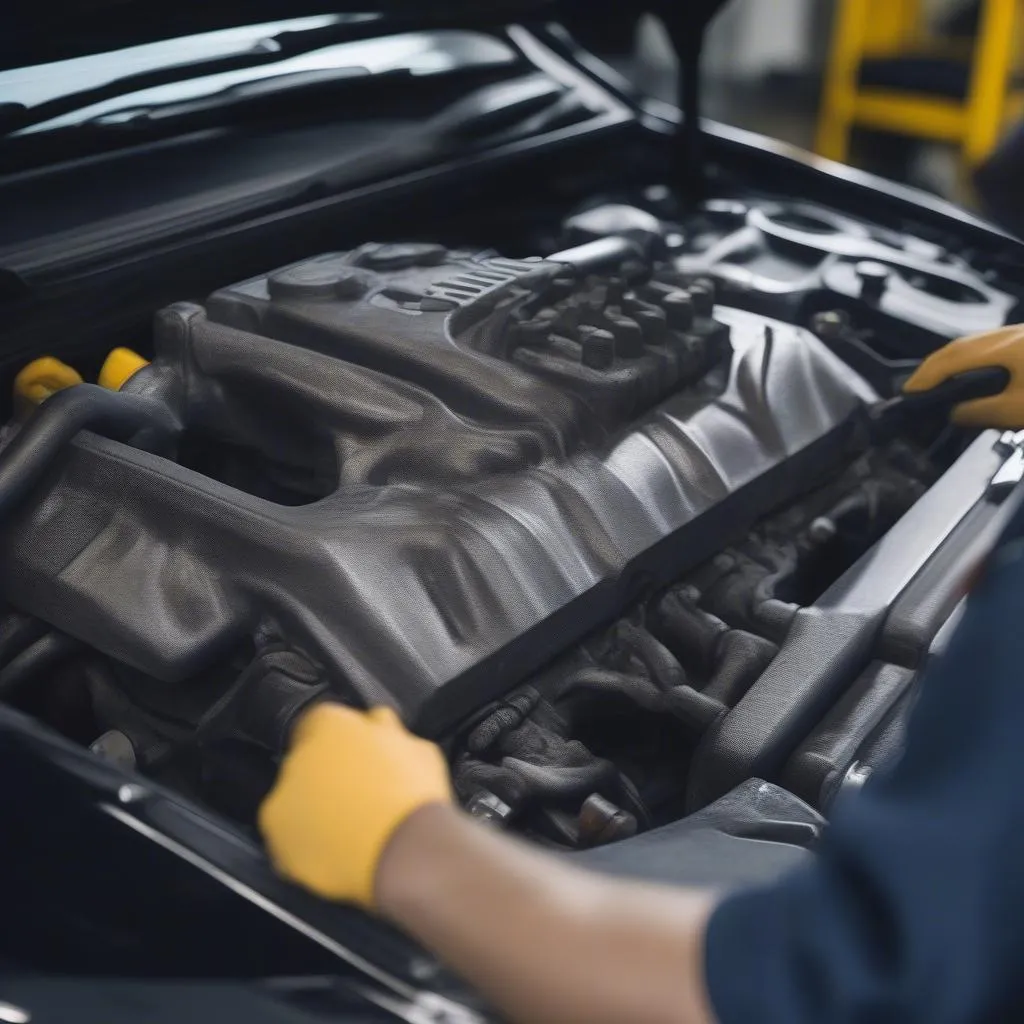 Auto mechanic working on a Renault engine in a Herrenberg car repair shop