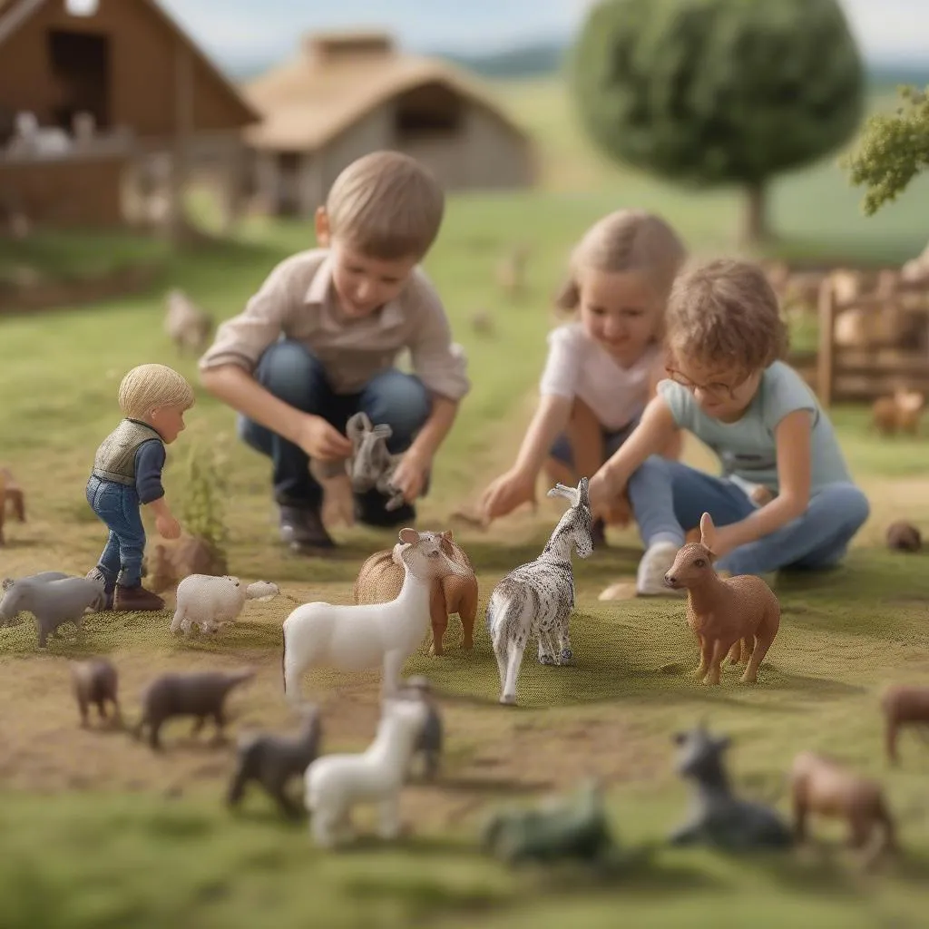 Kinder spielen mit Schleich Figuren