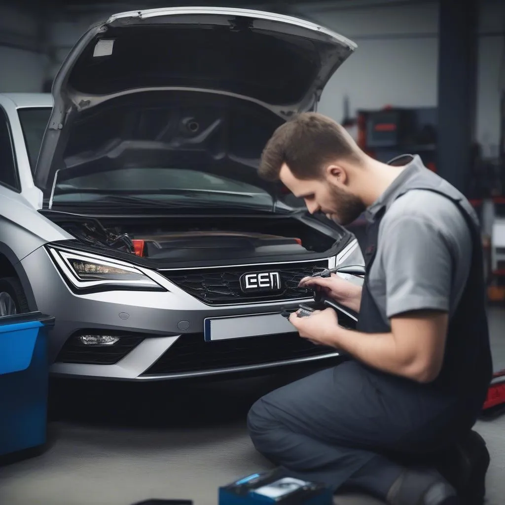 Mechaniker führt eine Diagnose an einem Seat Leon durch