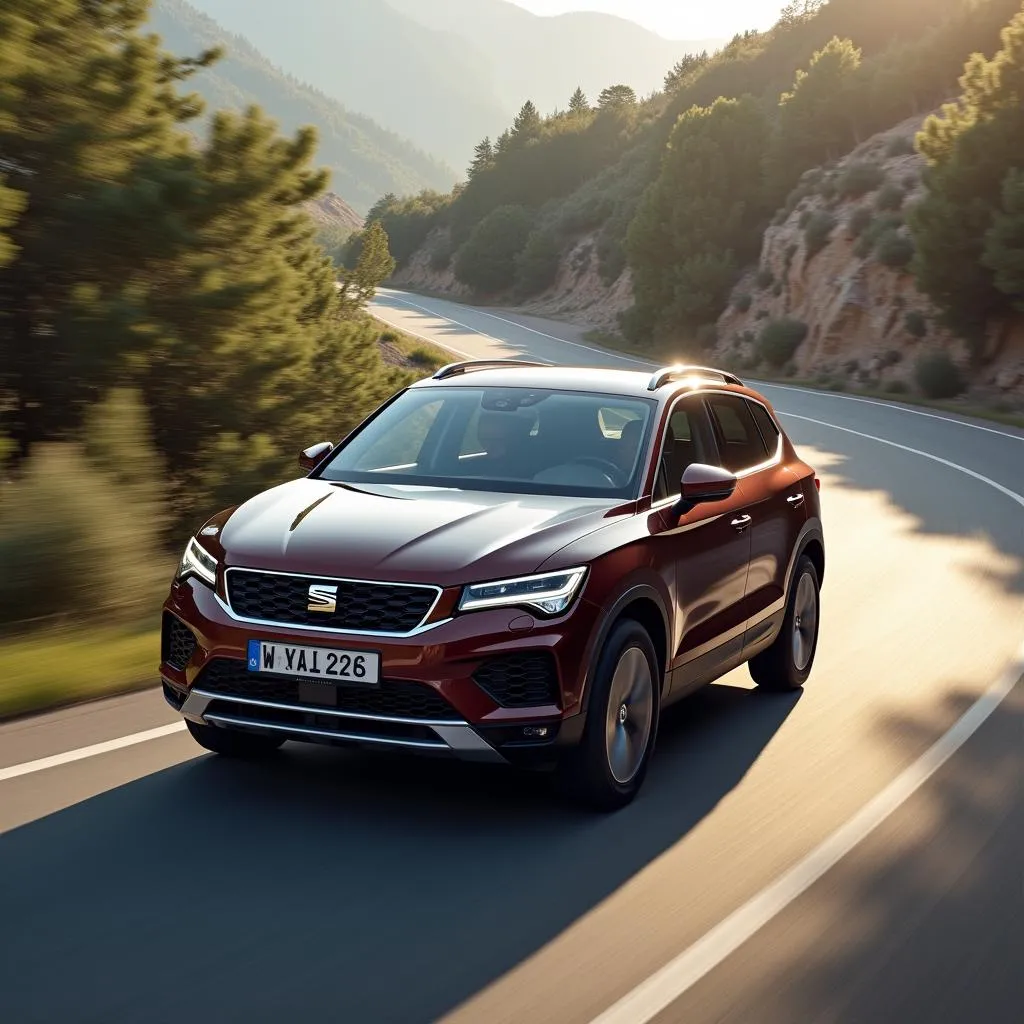 Seat Tarraco in Delfingrau fährt auf einer kurvigen Straße