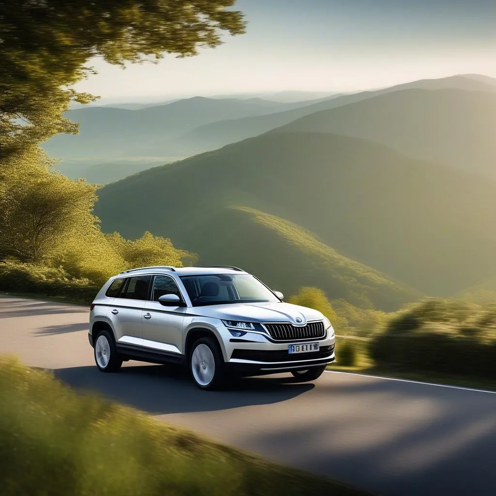 Skoda Kodiaq Driving Down a Scenic Road