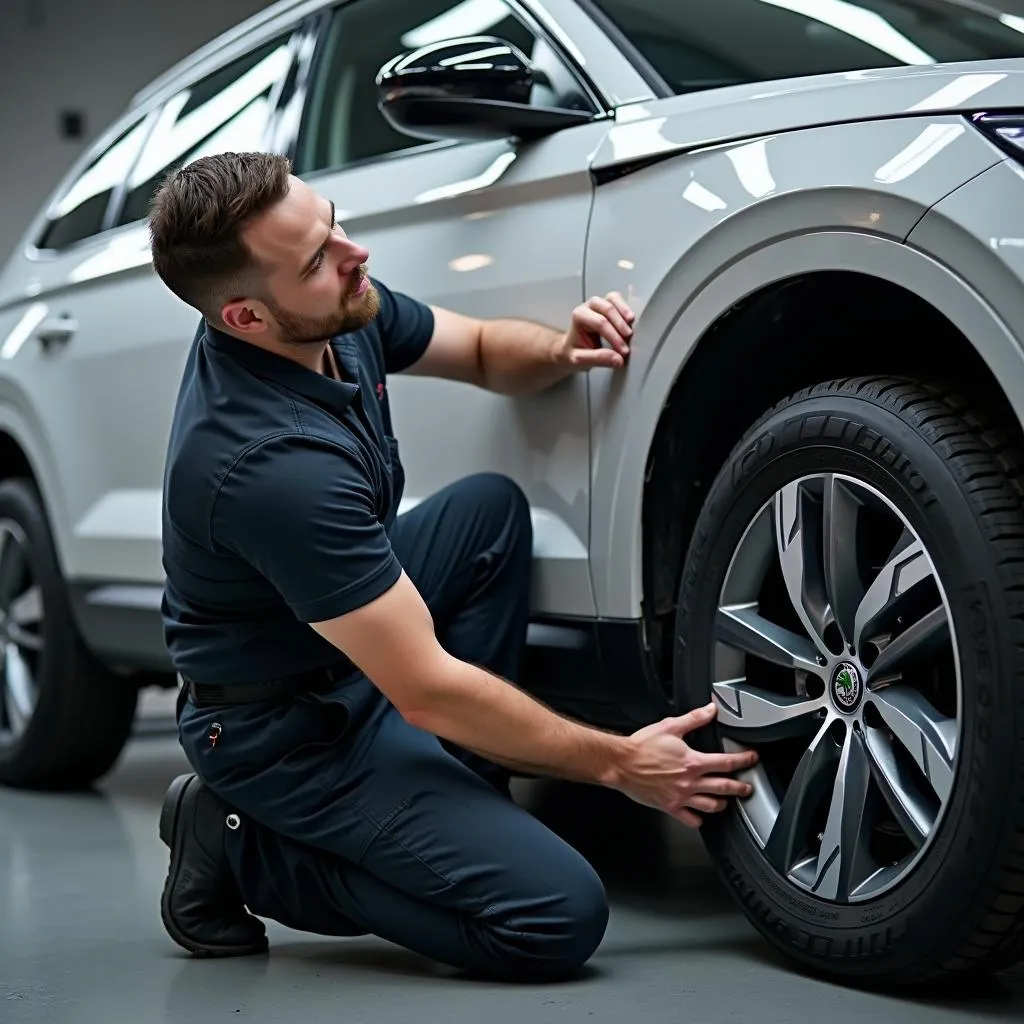 Reifenwechsel an einem Skoda Kodiaq in einer Fachwerkstatt