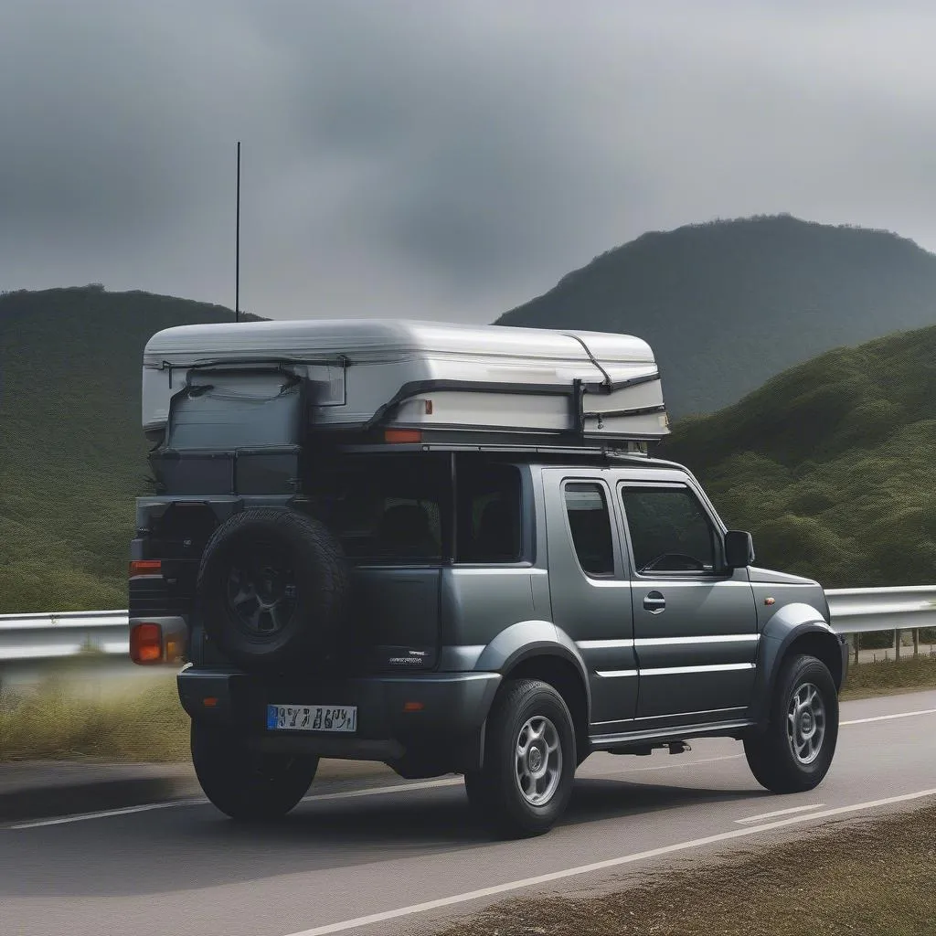 Suzuki Jimny menarik trailer di jalan