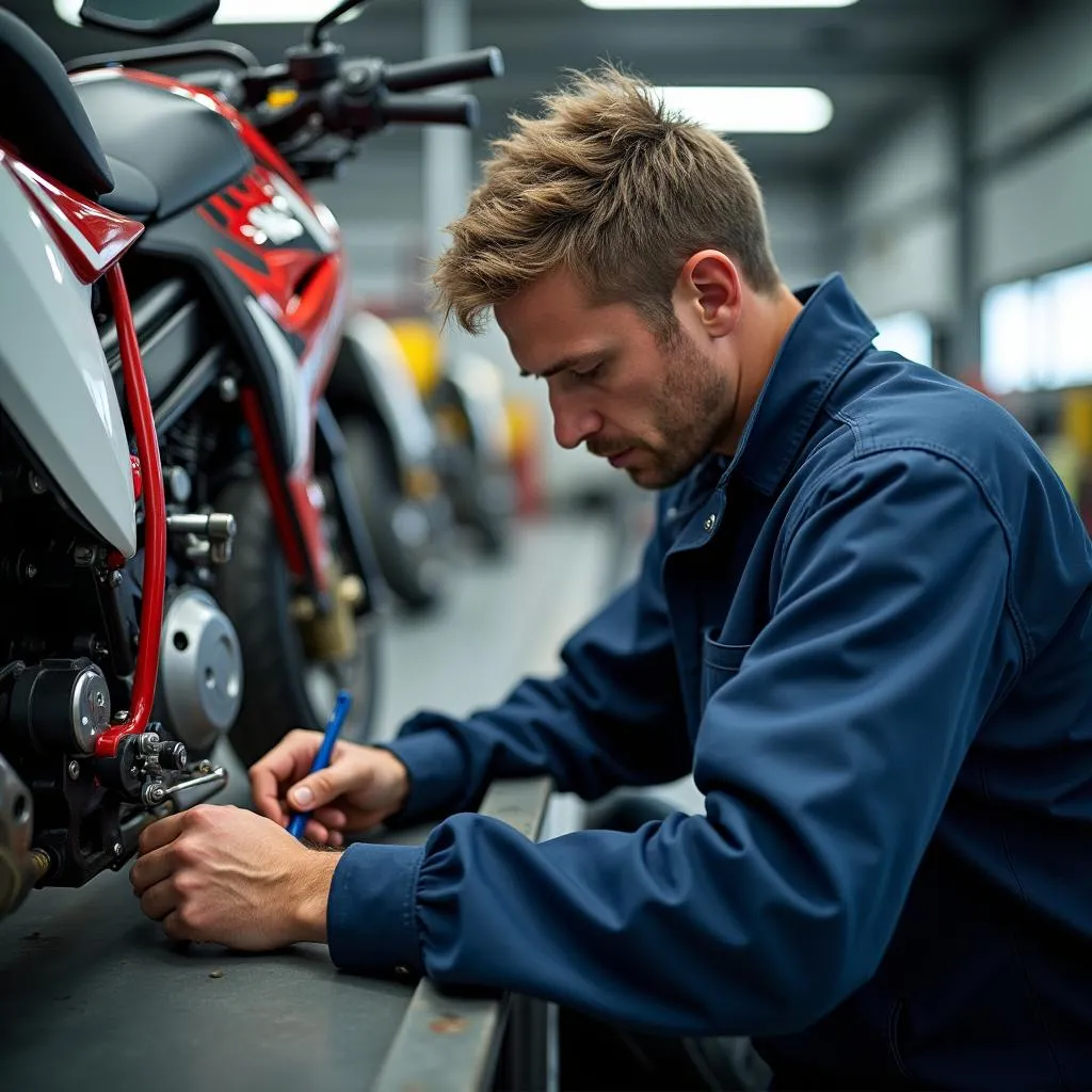 Suzuki Motorrad Werkstatt mit Mechaniker